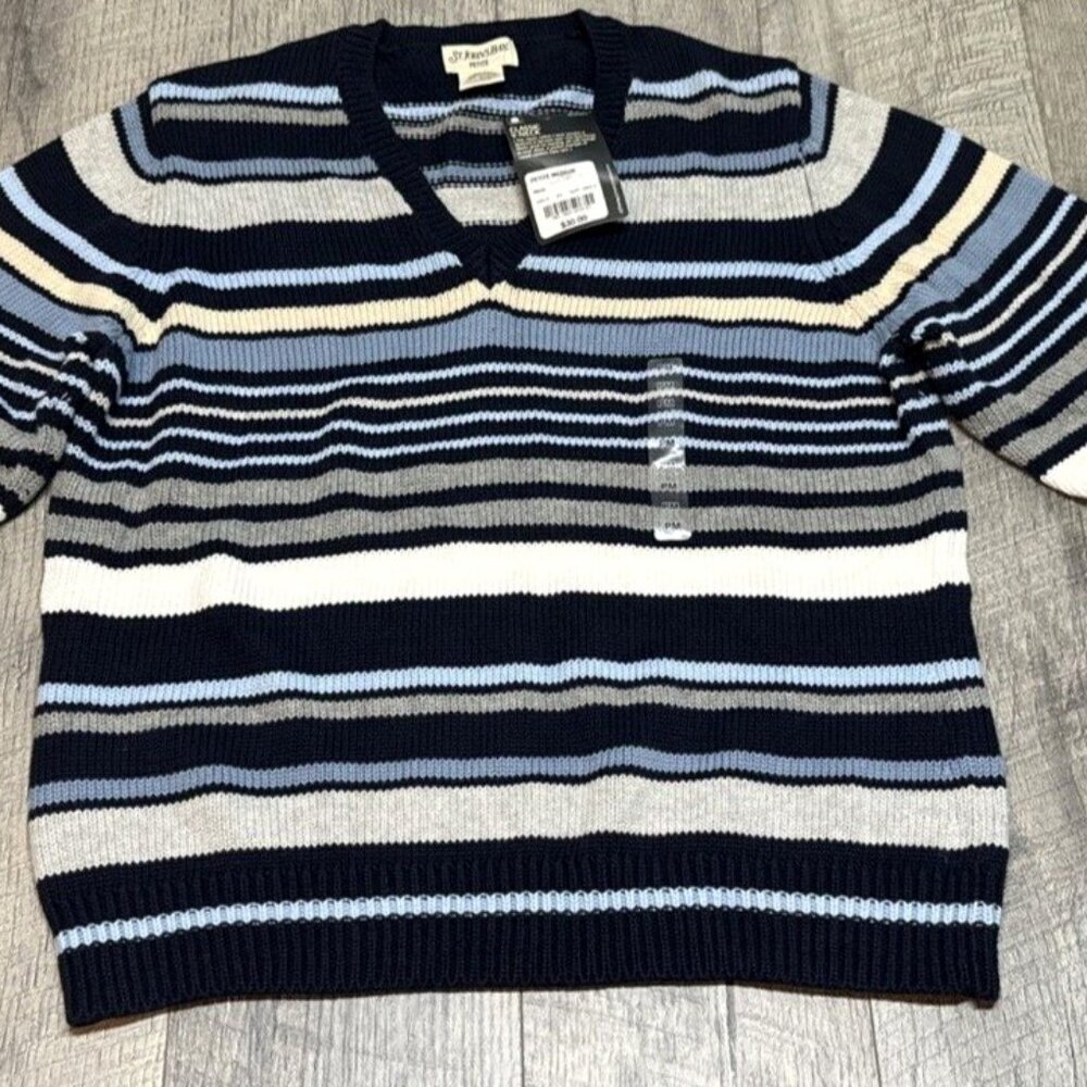 Vintage St Johns Bay Sweater Womens Medium Striped Pullover V-Neck Cotton NEW